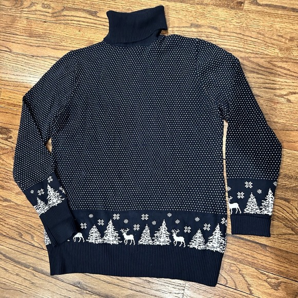 L.L. Bean Sweaters - LL Bean Fair Isle Cotton Cashmere Sweater Navy Blue Turtleneck Deer Small 503413
